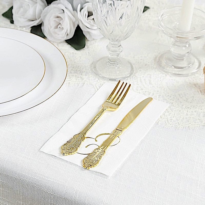 100 Disposable Dinner Paper Napkins with Gold Foil Letter - White