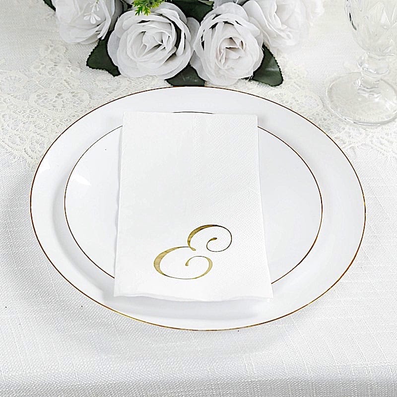 100 Disposable Dinner Paper Napkins with Gold Foil Letter - White