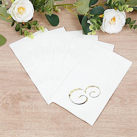 100 Disposable Dinner Paper Napkins with Gold Foil Letter - White