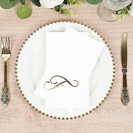 100 Disposable Dinner Paper Napkins with Gold Foil Letter - White