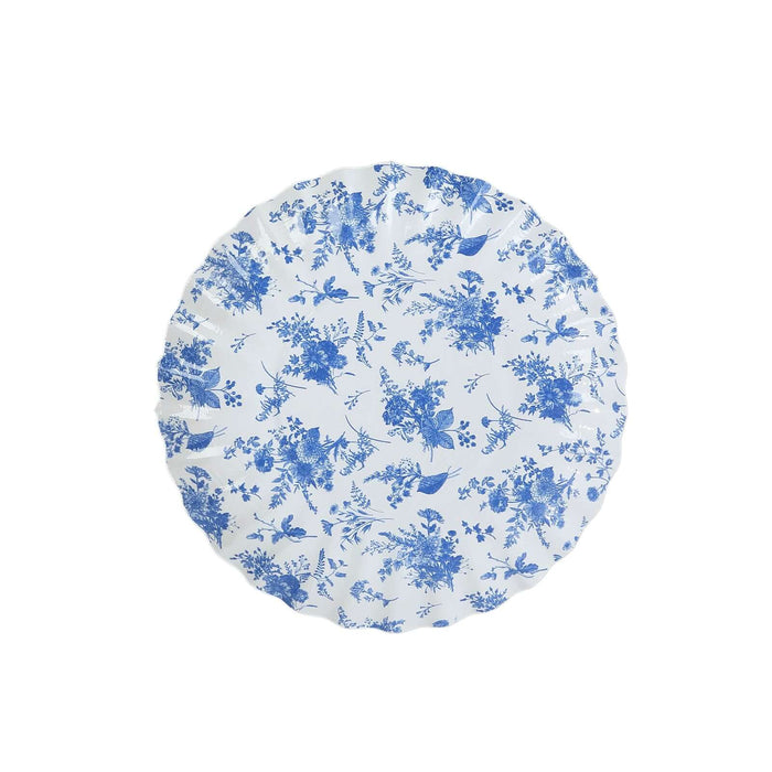 100 Mini Paper Plates with Scalloped Rim - White and Blue French Toile Design DSP_PPR0020_3_FLOR_BLUE