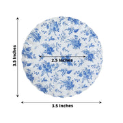 100 Mini Paper Plates with Scalloped Rim - White and Blue French Toile Design DSP_PPR0020_3_FLOR_BLUE