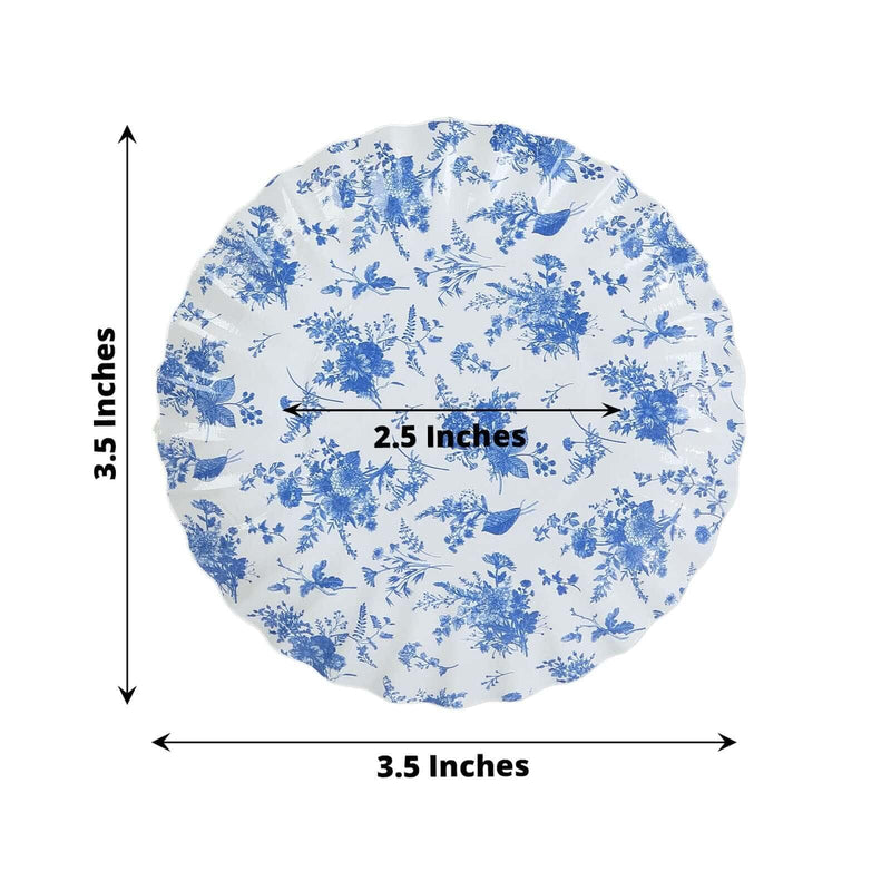 100 Mini Paper Plates with Scalloped Rim - White and Blue French Toile Design DSP_PPR0020_3_FLOR_BLUE