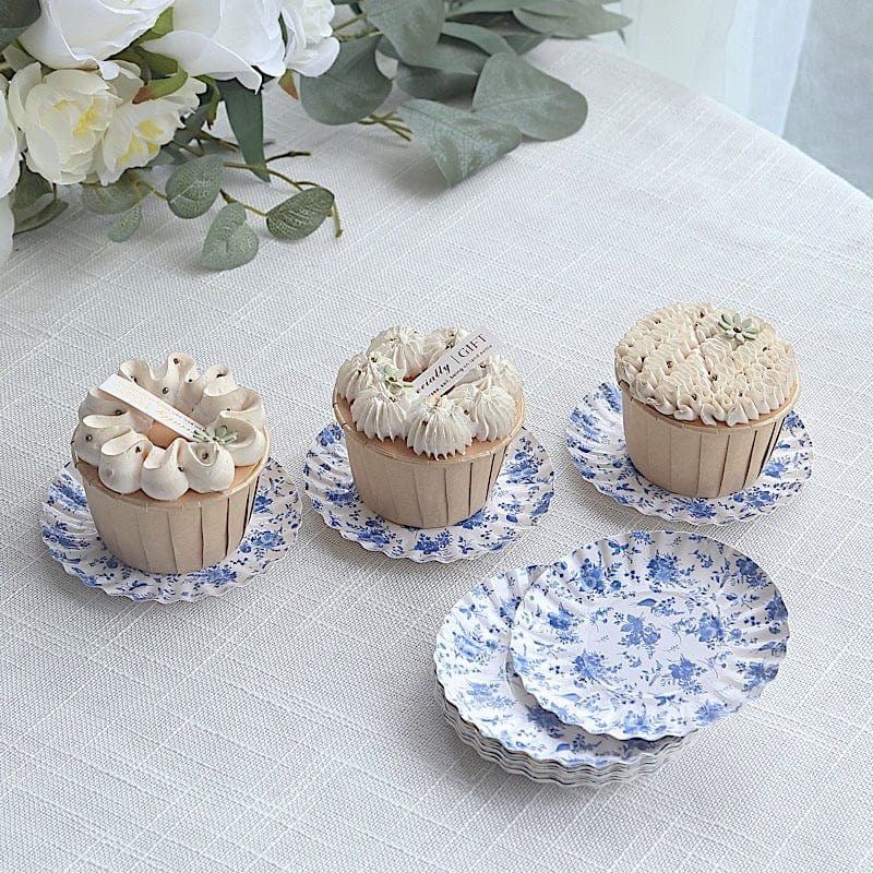100 Mini Paper Plates with Scalloped Rim - White and Blue French Toile Design DSP_PPR0020_3_FLOR_BLUE
