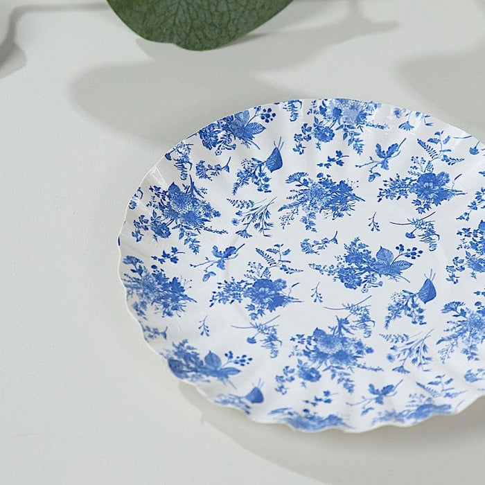 100 Mini Paper Plates with Scalloped Rim - White and Blue French Toile Design DSP_PPR0020_3_FLOR_BLUE