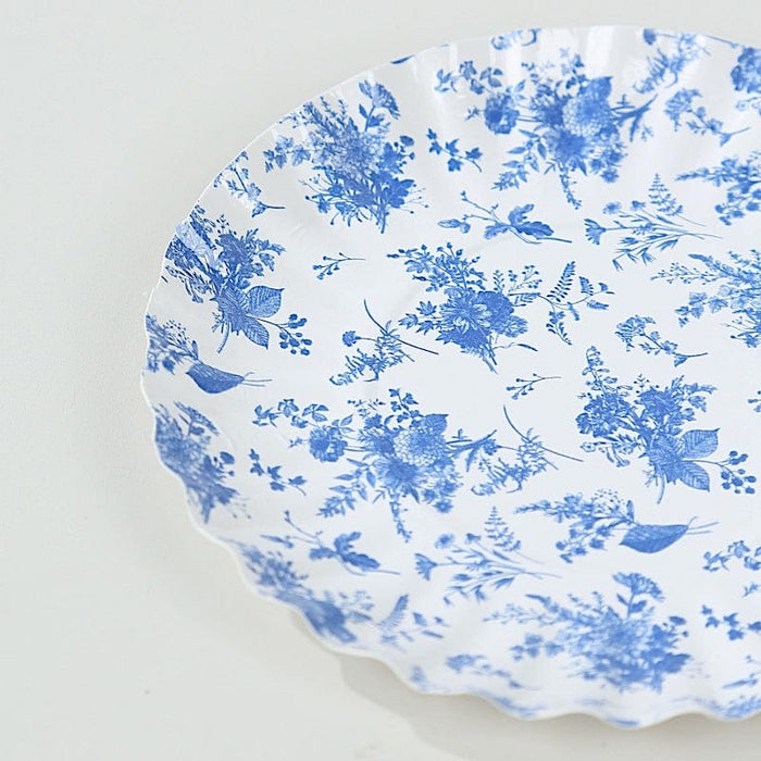100 Mini Paper Plates with Scalloped Rim - White and Blue French Toile Design DSP_PPR0020_3_FLOR_BLUE