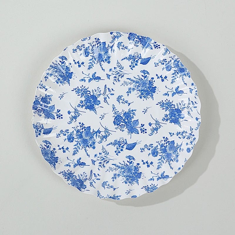 100 Mini Paper Plates with Scalloped Rim - White and Blue French Toile Design DSP_PPR0020_3_FLOR_BLUE
