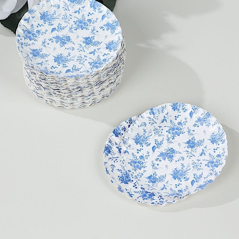 100 Mini Paper Plates with Scalloped Rim - White and Blue French Toile Design DSP_PPR0020_3_FLOR_BLUE
