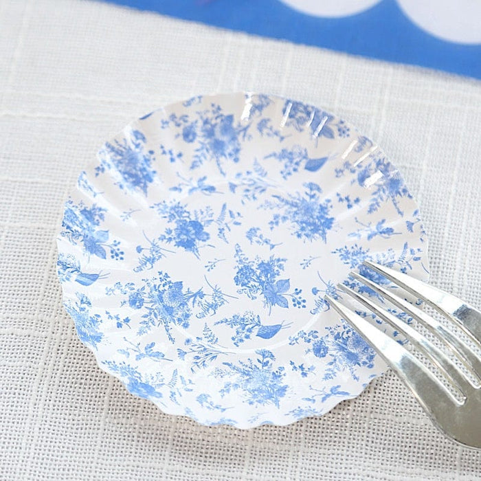 100 Mini Paper Plates with Scalloped Rim - White and Blue French Toile Design DSP_PPR0020_3_FLOR_BLUE