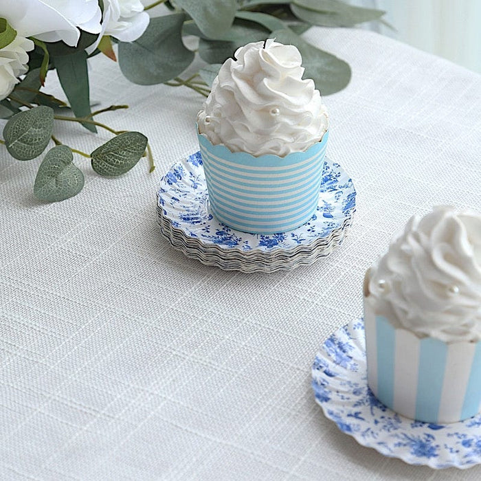 100 Mini Paper Plates with Scalloped Rim - White and Blue French Toile Design DSP_PPR0020_3_FLOR_BLUE
