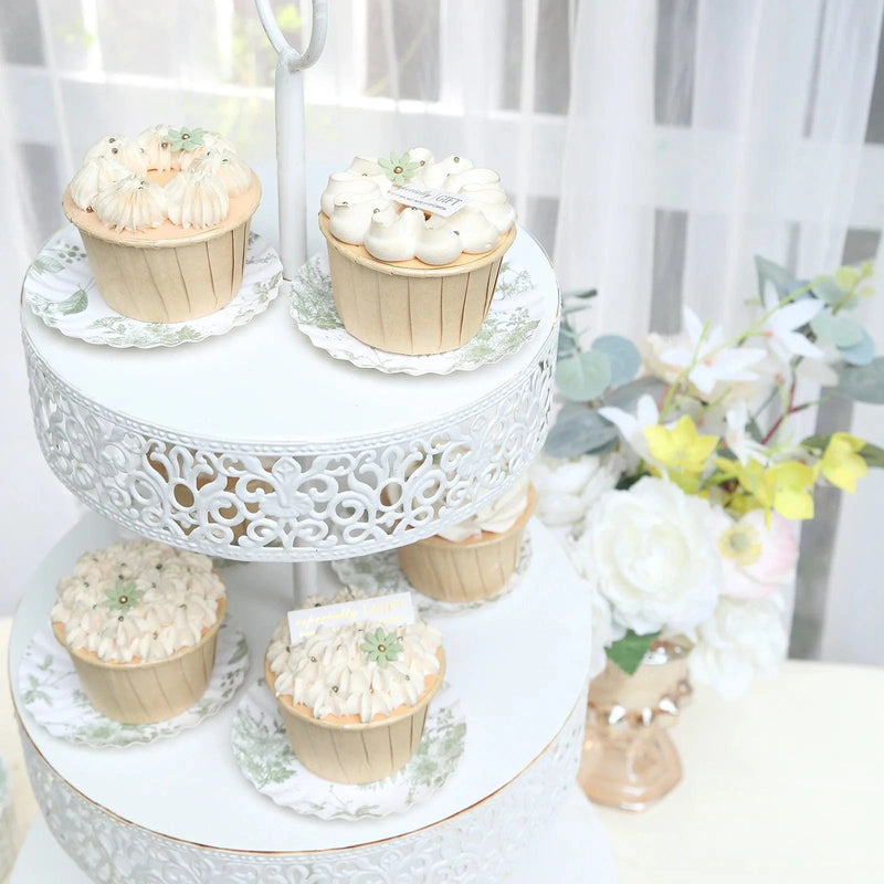 100 Mini Paper Plates with Scalloped Rim - White and Sage Green French Toile Design DSP_PPR0020_3_FLOR_SAGE