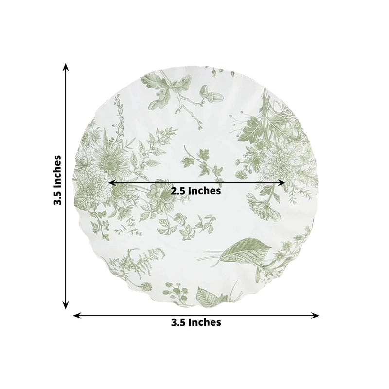 100 Mini Paper Plates with Scalloped Rim - White and Sage Green French Toile Design DSP_PPR0020_3_FLOR_SAGE