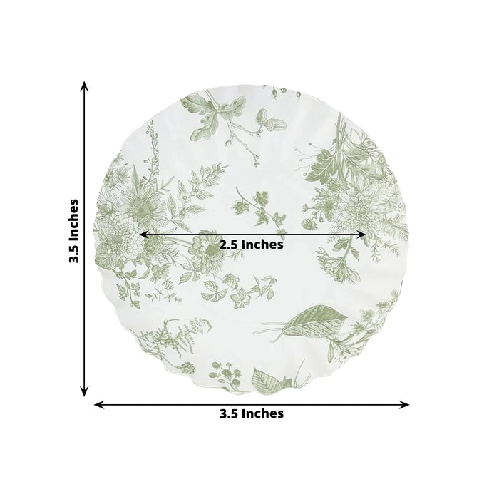 100 Mini Paper Plates with Scalloped Rim - White and Sage Green French Toile Design DSP_PPR0020_3_FLOR_SAGE