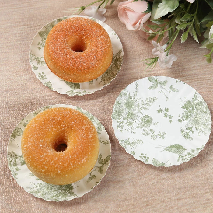 100 Mini Paper Plates with Scalloped Rim - White and Sage Green French Toile Design DSP_PPR0020_3_FLOR_SAGE
