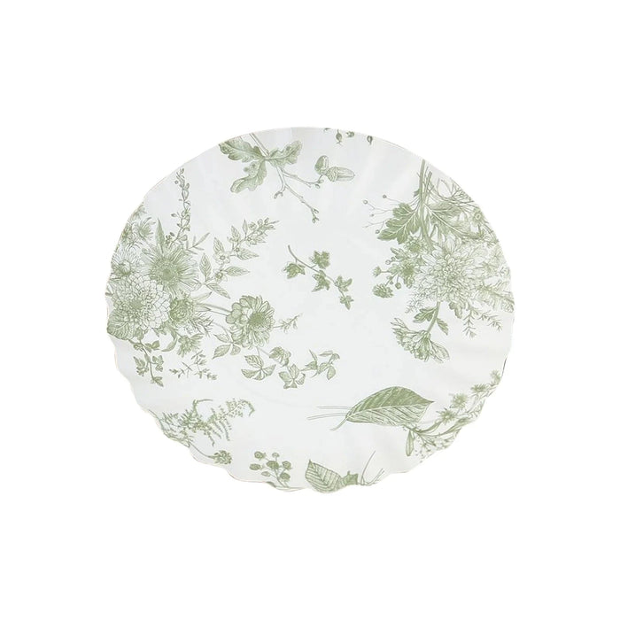 100 Mini Paper Plates with Scalloped Rim - White and Sage Green French Toile Design DSP_PPR0020_3_FLOR_SAGE