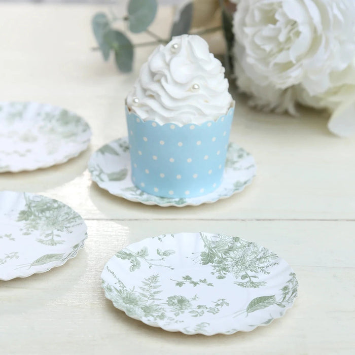 100 Mini Paper Plates with Scalloped Rim - White and Sage Green French Toile Design DSP_PPR0020_3_FLOR_SAGE