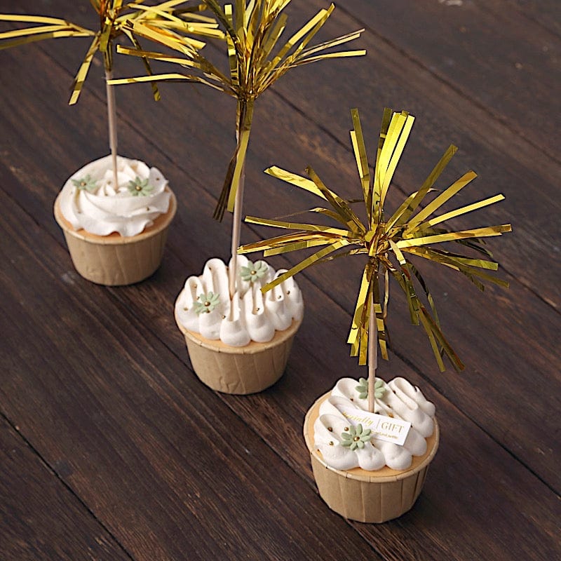 100 pcs 9" Firework Cupcake Toppers Foil Frills Bamboo Cocktail Sticks