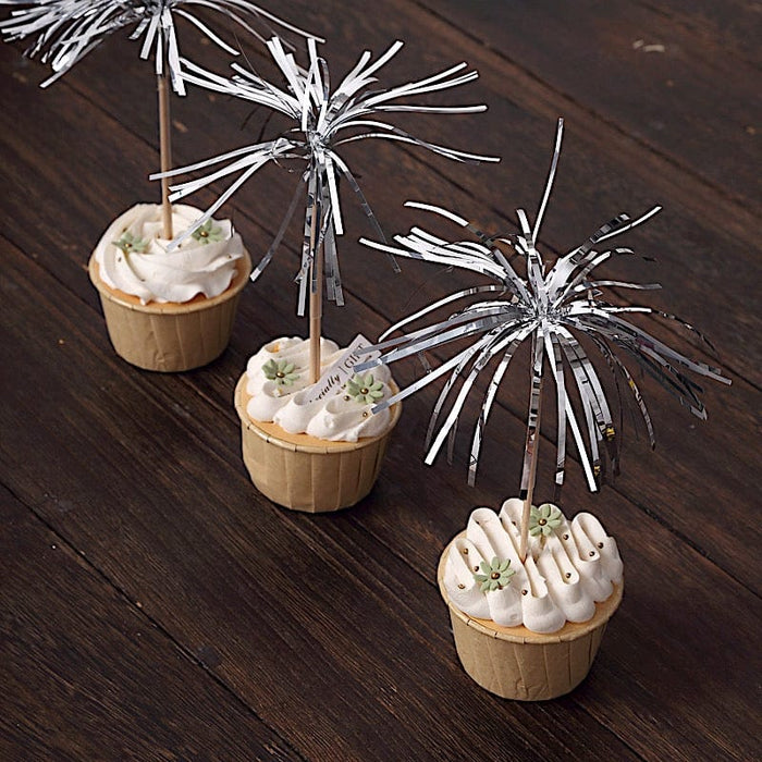 100 pcs 9" Firework Cupcake Toppers Foil Frills Bamboo Cocktail Sticks