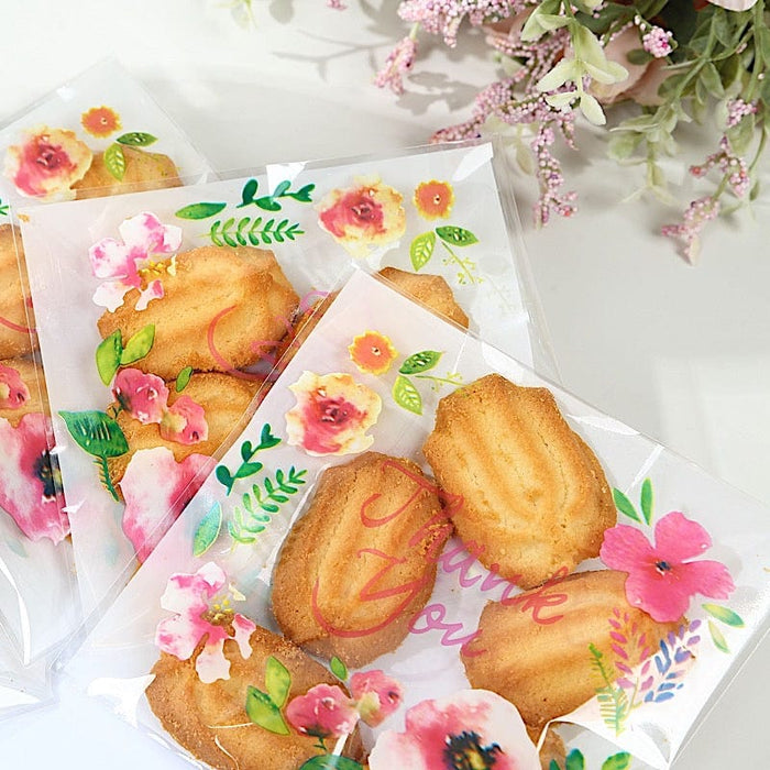 100 PVC Cookie Candy Bags With "Thank You" Floral Print - Clear and White BAG_PVC07_6X7_CLWH