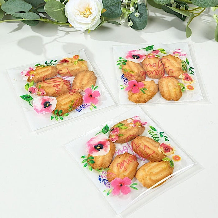 100 PVC Cookie Candy Bags With "Thank You" Floral Print - Clear and White BAG_PVC07_6X7_CLWH