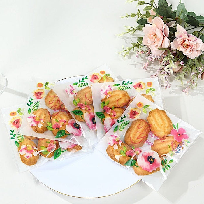 100 PVC Cookie Candy Bags With "Thank You" Floral Print - Clear and White BAG_PVC07_6X7_CLWH
