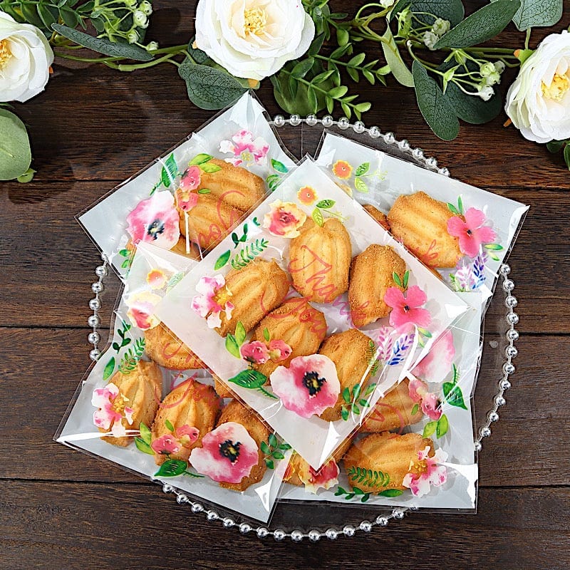 100 PVC Cookie Candy Bags With "Thank You" Floral Print - Clear and White BAG_PVC07_6X7_CLWH