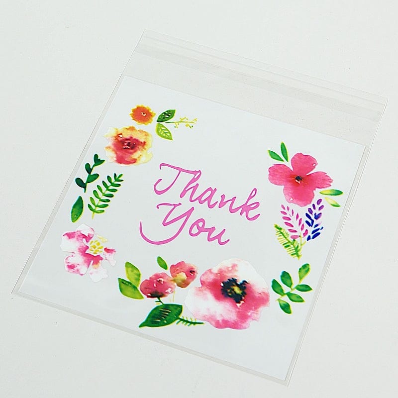 100 PVC Cookie Candy Bags With "Thank You" Floral Print - Clear and White BAG_PVC07_6X7_CLWH
