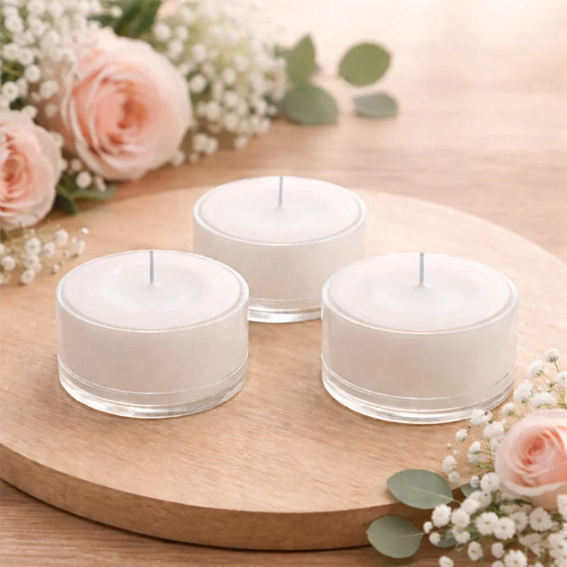 100 Tealight Unscented Candles with Clear Plastic Cups - White CAND_TL004_WHT