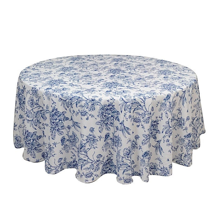 108" Polyester Round Tablecloth for Weddings and Events - French Toile Pattern TAB_PLY_FLORFT_108_BLUE