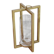 11" tall Geometric Metal Cross Bar Lantern with Glass Candle Holder IRON_CAND_016_L_GOLD