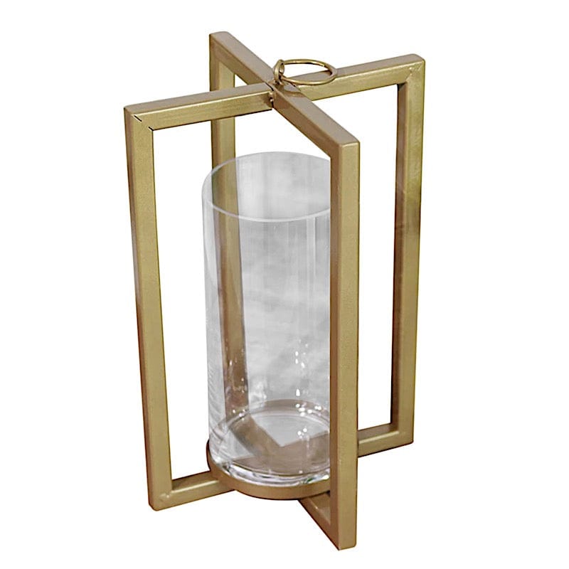 11" tall Geometric Metal Cross Bar Lantern with Glass Candle Holder IRON_CAND_016_L_GOLD