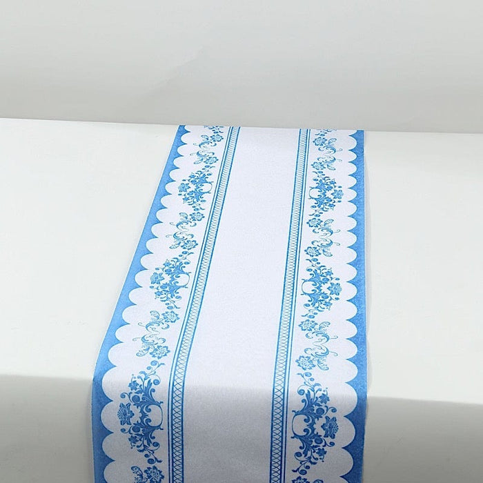11" x 108" Bordered Style Non-Woven Table Runners with Ornate Floral Prints - White and Blue RUN_DSP16_FLOR01