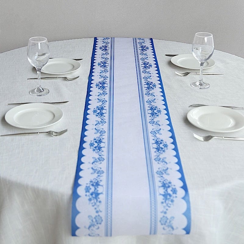 11" x 108" Bordered Style Non-Woven Table Runners with Ornate Floral Prints - White and Blue RUN_DSP16_FLOR01