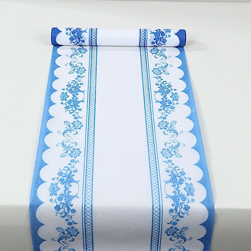 11" x 108" Bordered Style Non-Woven Table Runners with Ornate Floral Prints - White and Blue RUN_DSP16_FLOR01