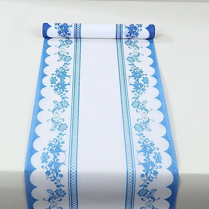 11" x 108" Bordered Style Non-Woven Table Runners with Ornate Floral Prints - White and Blue RUN_DSP16_FLOR01