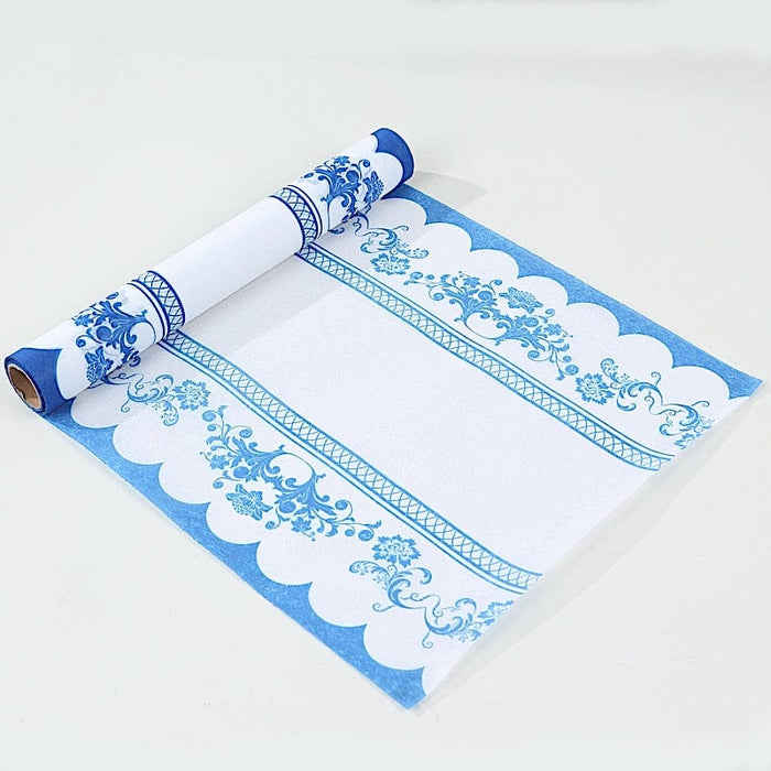 11" x 108" Bordered Style Non-Woven Table Runners with Ornate Floral Prints - White and Blue RUN_DSP16_FLOR01