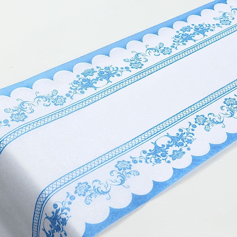 11" x 108" Bordered Style Non-Woven Table Runners with Ornate Floral Prints - White and Blue RUN_DSP16_FLOR01