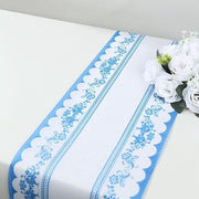11" x 108" Bordered Style Non-Woven Table Runners with Ornate Floral Prints - White and Blue RUN_DSP16_FLOR01