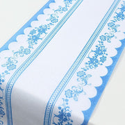 11" x 108" Bordered Style Non-Woven Table Runners with Ornate Floral Prints - White and Blue RUN_DSP16_FLOR01
