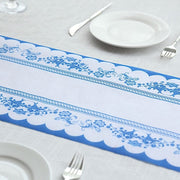 11" x 108" Bordered Style Non-Woven Table Runners with Ornate Floral Prints - White and Blue RUN_DSP16_FLOR01