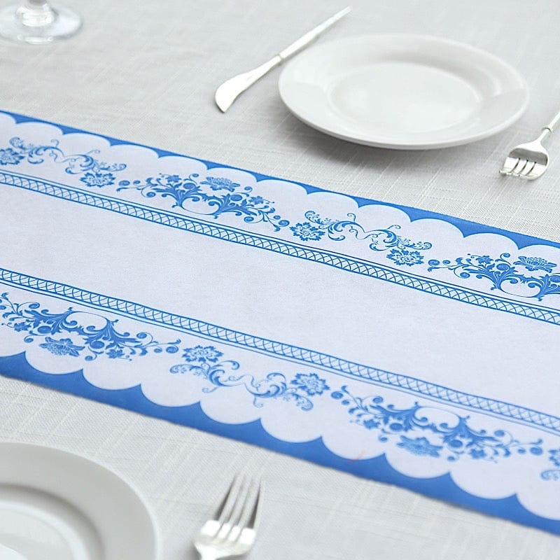 11" x 108" Bordered Style Non-Woven Table Runners with Ornate Floral Prints - White and Blue RUN_DSP16_FLOR01