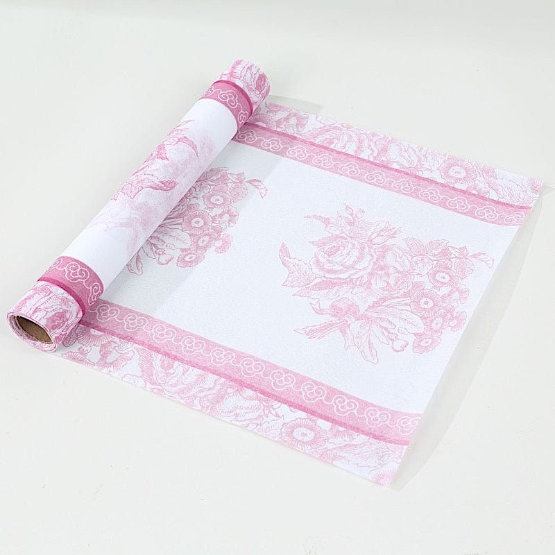11" x 108" Floral Pattern Non-Woven Table Runners with Ornate Borders - White and Pink RUN_DSP16_FLOR02