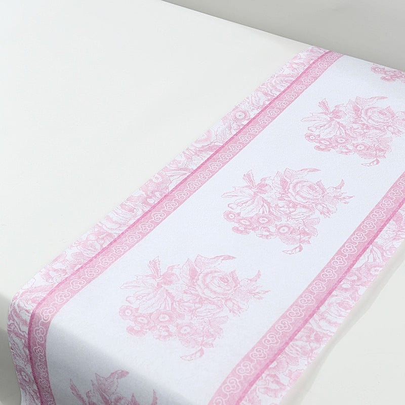 11" x 108" Floral Pattern Non-Woven Table Runners with Ornate Borders - White and Pink RUN_DSP16_FLOR02