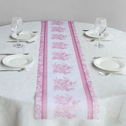 11" x 108" Floral Pattern Non-Woven Table Runners with Ornate Borders - White and Pink RUN_DSP16_FLOR02