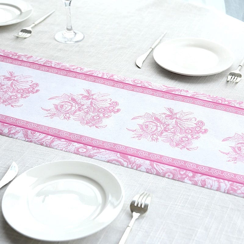 11" x 108" Floral Pattern Non-Woven Table Runners with Ornate Borders - White and Pink RUN_DSP16_FLOR02