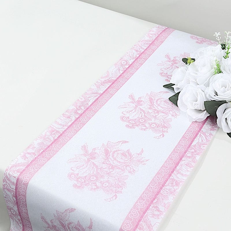 11" x 108" Floral Pattern Non-Woven Table Runners with Ornate Borders - White and Pink RUN_DSP16_FLOR02