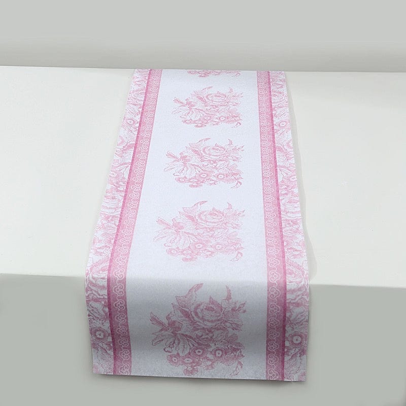 11" x 108" Floral Pattern Non-Woven Table Runners with Ornate Borders - White and Pink RUN_DSP16_FLOR02