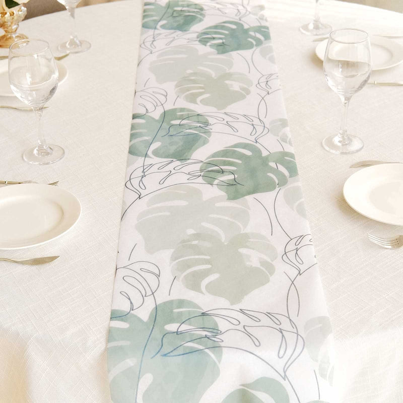 11" x 108" Monstera Palm Leaf Print Table Runner - White and Green RUN_DSP02_GRN