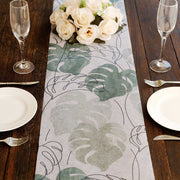 11" x 108" Monstera Palm Leaf Print Table Runner - White and Green RUN_DSP02_GRN
