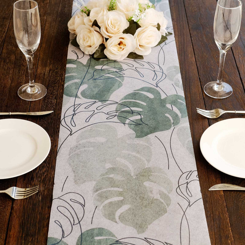 11" x 108" Monstera Palm Leaf Print Table Runner - White and Green RUN_DSP02_GRN